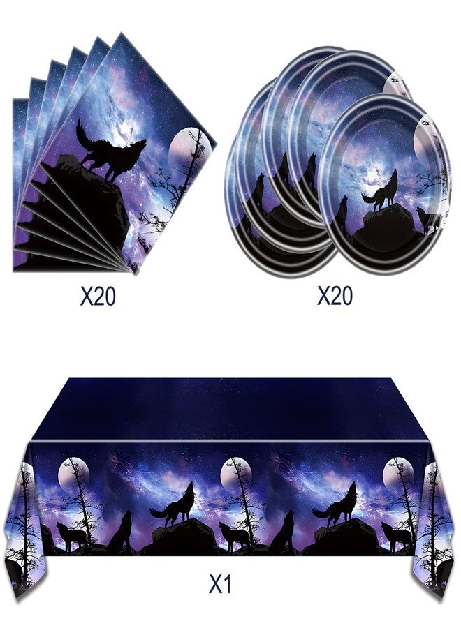 OULUN Wolf Birthday Party Tableware Set,20 Plates and 20 Napkins and Tablecloth 86 '' x 51 '', Wolf Animal Party Decorate Supplies - Image 3